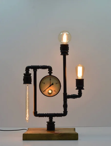 Handmade Wood Metal Pipes Lamp Gray Background — 스톡 사진