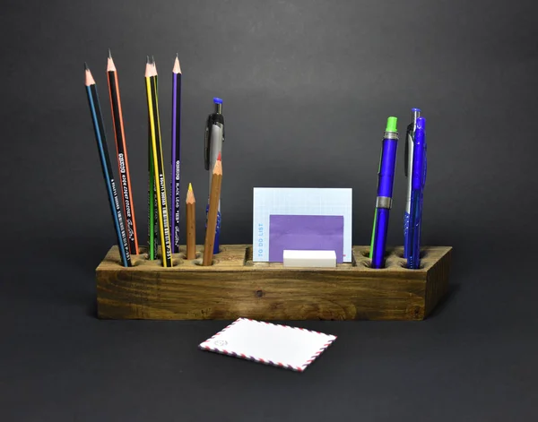 Wooden Handmade Pencils Holder Office Desk Accessories — Stock Photo, Image