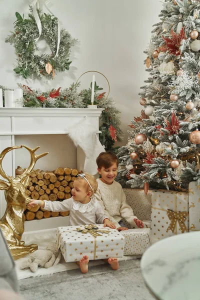 Garçon Mignon Avec Fille Assis Près Arbre Noël Regardant Des — Photo