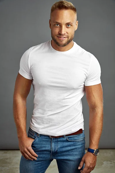 Handsome Man White Shirt Looking Camera Isolated Gray Background — 图库照片
