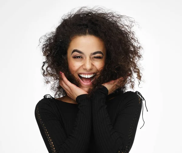 Laughing latin american woman with afro hairstyle isolated on wh — Stock Photo, Image