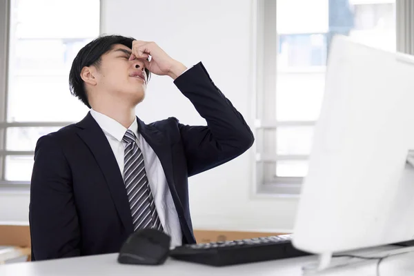 Japanese Male Businessman Pain His Eyes — Stock Photo, Image