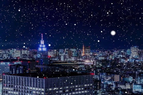 Nachtzicht Van Shinjuku Tokio Japan Met Sneeuw Vallen Composiet — Stockfoto