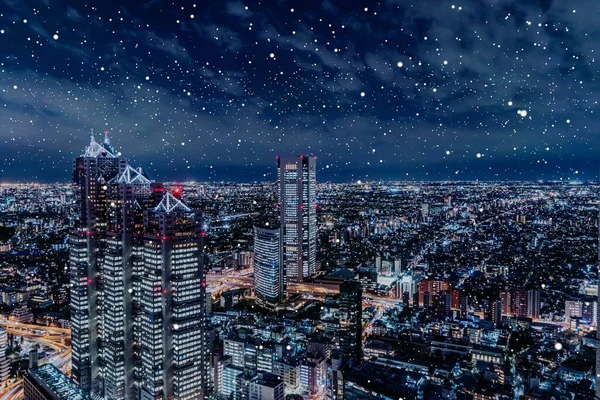 Nachtzicht Van Shinjuku Tokio Japan Met Sneeuw Vallen Composiet — Stockfoto