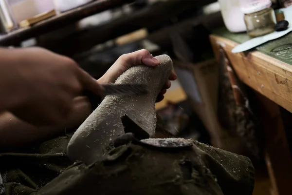 Shoemaker Shaves Mold Shoe His Workshop — Stock Photo, Image