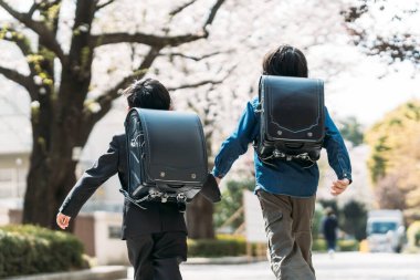 Japon lise öğrencileri ve birinci sınıflar okulda kiraz ağacının altında el ele tutuşuyorlar.