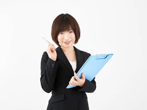 Une Employée Bureau Japonaise Qui Utilise Stylo Pour Attirer Attention — Photo