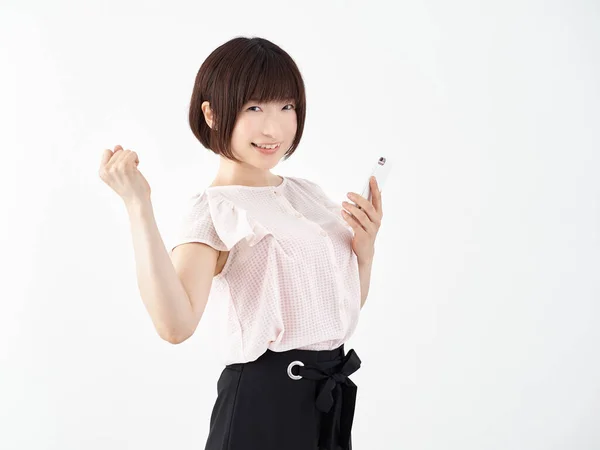 Woman Gutsy Posing Smart Phone — Stock Photo, Image