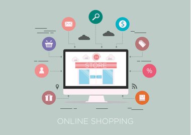 Teknoloji konsepti, e-ticaret ve online alışveriş 24 saat, düz çizgi vektörü ve illüstrasyon.