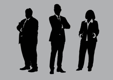 İş adamları grup siluetleri gri arkaplan, düz çizgi vektörü ve illüstrasyon üzerinde poz verir.