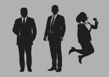 İş adamları grup siluetleri gri arkaplan, düz çizgi vektörü ve illüstrasyon üzerinde poz verir.