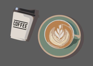 Üst görünüm iki fincan kahve ve tablonun gri rengi üzerine sıcak kahve çizim, düz çizgi vektörü ve illüstrasyon.