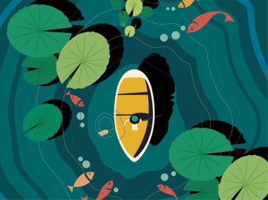 Bir adam kayıkta oturur ve gölde kürek çeker. Gölde büyük nilüfer yaprakları ve birkaç balık vardır. Düz çizgili vektör ve çizim..