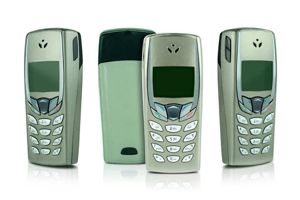 Antiguos Teléfonos Móviles Metálicos Celulares Aislados Sobre Fondo Blanco Con — Foto de Stock