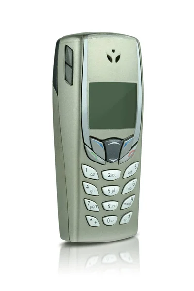 Close Stary Metaliczny Telefon Komórkowy Lub Telefon Komórkowy Izolowany Białym — Zdjęcie stockowe