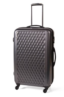 Bir grafit gri bavul seyahat için ya da grafit gri bavul, grafit gri bagaj izole beyaz arka planda kırpma yolu ile tek başına durmak.