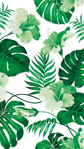 Nahtloses Muster Tropischer Blätter Von Bäumen Und Blumen Auf Weißem — Stockvektor