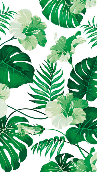 Seamless pattern tropical leaves of trees and flowers on white background, flat line vector and illustration.
