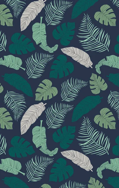 Nahtloses Muster Bunte Tropische Blätter Von Bäumen Auf Dunkelblauem Hintergrund — Stockvektor