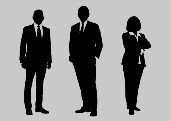 Business people group silhouettes pose on grey colour background, flat line vector and illustration.