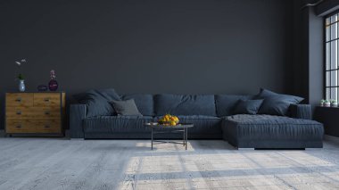 Daire, ev, ofis, rahat kanepe, taze çiçekler, parlak modern iç mekan ve arka plandaki bir pencereden gelen güneş ışınlarının modern iç tasarımı..