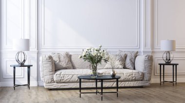Ev, ofis ve otel için dekoratif bir geçmiş. Modern iç dizayn oturma odası kanepesi ve beyaz klasik bir duvarın arka planında modern iç dekorasyon detayları..