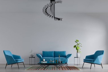 Ev, ofis ve otel için dekoratif bir geçmiş. Modern iç dizayn oturma odası kanepesi ve beyaz klasik bir duvarın arka planında modern iç dekorasyon detayları..