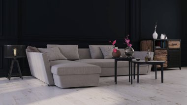 Ev, ofis ve otel için dekoratif bir geçmiş. Modern iç dizayn oturma odası kanepesi ve karanlık bir arka planda modern iç mekan ayrıntıları..