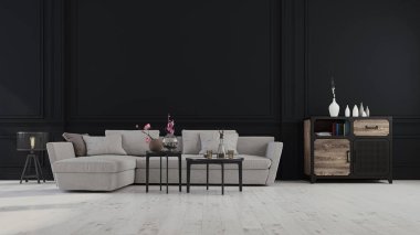 Ev, ofis ve otel için dekoratif bir geçmiş. Modern iç dizayn oturma odası kanepesi ve karanlık bir arka planda modern iç mekan ayrıntıları..