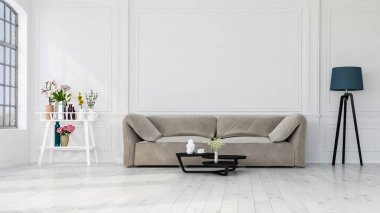 Ev, ofis, yumuşak kanepe, taze çiçekler ve beyaz arka planda modern iç mekan ayrıntıları..