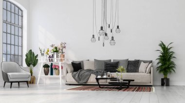 Ev, ofis, yumuşak kanepe, taze çiçekler ve beyaz arka planda modern iç mekan ayrıntıları..