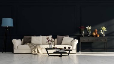 Dairenin, evin, ofisin, rahat kanepenin, taze çiçeklerin ve karanlık bir arka planda parlak modern iç mekanın modern iç tasarımı..