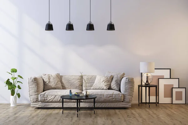 Ev, ofis ve otel için dekoratif bir geçmiş. Modern iç dizayn oturma odası kanepesi ve beyaz klasik bir duvarın arka planında modern iç dekorasyon detayları..