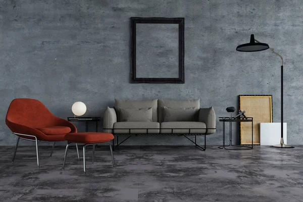 Ev, ofis ve otel için dekoratif bir geçmiş. Modern iç dizayn oturma odası kanepesi ve beton duvar arka planında çağdaş koltuk.
