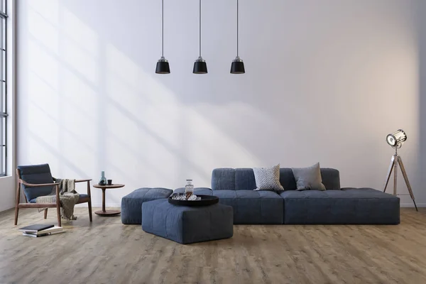 Ev, ofis ve otel için dekoratif bir geçmiş. Modern iç dizayn oturma odası kanepesi ve beyaz klasik bir duvarın arka planında modern iç dekorasyon detayları..