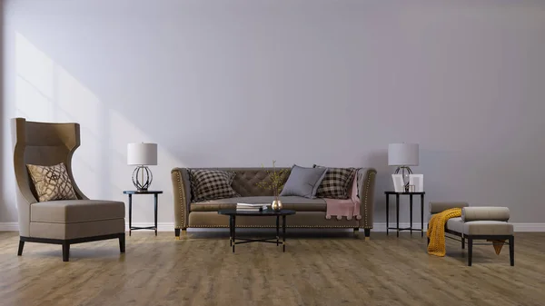 Ev, ofis ve otel için dekoratif bir geçmiş. Modern iç dizayn oturma odası kanepesi ve beyaz klasik bir duvarın arka planında modern iç dekorasyon detayları..