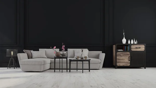 Ev, ofis ve otel için dekoratif bir geçmiş. Modern iç dizayn oturma odası kanepesi ve karanlık bir arka planda modern iç mekan ayrıntıları..