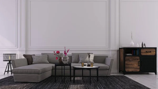 Ev, ofis ve otel için dekoratif bir geçmiş. Modern iç dizayn oturma odası kanepesi ve beyaz arka planda modern iç mekan detayları..