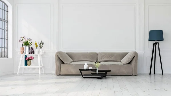 Ev, ofis, yumuşak kanepe, taze çiçekler ve beyaz arka planda modern iç mekan ayrıntıları..