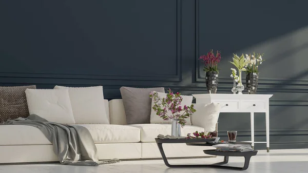 Dairenin, evin, ofisin, rahat kanepenin, taze çiçeklerin ve karanlık bir arka planda parlak modern iç mekanın modern iç tasarımı..