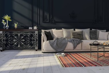Daire, ev, ofis, rahat kanepe, parlak modern iç mekan ve arka plandaki pencereden yansıyan ışık modern iç mekan tasarımı..