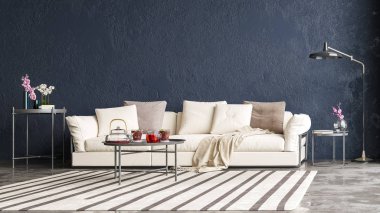 Daire, ev, ofis, rahat kanepe, parlak modern iç mekan ve tasarımcının arka planındaki pencereden yansıyan ışık gibi modern iç mekan tasarımı..