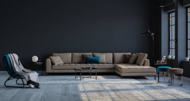 Evdeki, ofisteki ve oteldeki bir odanın dekoratif arka planı. Modern kanepe iç tasarımı ve karanlık klasik bir duvara karşı parlak modern iç dekorasyon. Pencereden gelen parlak ışık.