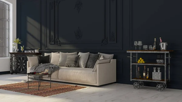 Daire, ev, ofis, rahat kanepe, taze çiçekler, parlak modern iç mekan ve arka plandaki bir pencereden gelen güneş ışınlarının modern iç tasarımı..