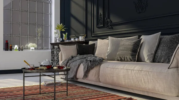 Daire, ev, ofis, rahat kanepe, parlak modern iç mekan ve arka plandaki pencereden yansıyan ışık modern iç mekan tasarımı..