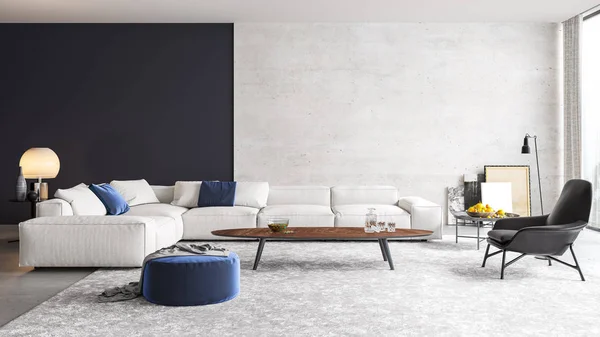 Daire, ev, ofis, rahat kanepe, parlak modern iç mekan ve arka plandaki pencereden yansıyan ışık modern iç mekan tasarımı..