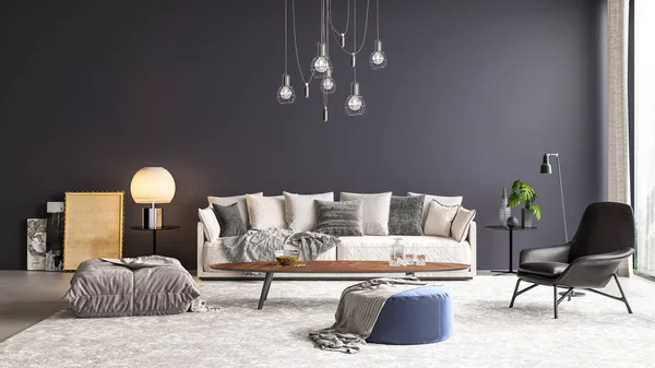 Daire, ev, ofis, rahat kanepe, parlak modern iç mekan ve arka plandaki pencereden yansıyan ışık modern iç mekan tasarımı..