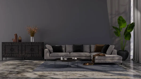 Daire, ev, ofis, rahat kanepe, parlak modern iç mekan ve arka plandaki pencereden yansıyan ışık modern iç mekan tasarımı..