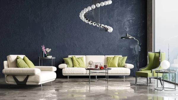 Daire, ev, ofis, rahat kanepe, parlak modern iç mekan ve tasarımcının arka planındaki pencereden yansıyan ışık gibi modern iç mekan tasarımı..