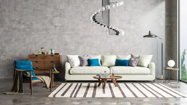 Daire, ev, ofis, rahat kanepe, parlak modern iç dekorasyon ve yansıması olan beton bir duvarın ve zeminin arka planındaki pencereden yansıyan ışık modern iç dekorasyon..